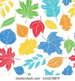 Autumn seamless pattern. Hand drawn fall leaves - vector illustration in bright, pop up colors