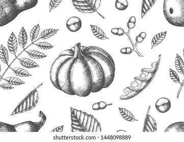 Autumn seamless pattern with Hand drawn doodle leaves and pumpkins. Leaves of maple, birch, chestnut, acorn, ash tree, oak. Sketch.  For wallpaper, web page background
