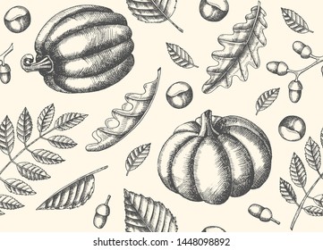 Autumn seamless pattern with Hand drawn doodle leaves and pumpkins. Leaves of maple, birch, chestnut, acorn, ash tree, oak. Sketch.  For wallpaper, web page background
