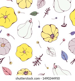 Autumn seamless pattern. Hand drawn vector illustration. Leaves and pumpkins hand drawn sketch. Autumn pattern colored sketch style.
