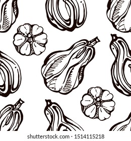 Autumn seamless pattern with hand drawn pumpkins on white background. Suitable for packaging, wrappers, fabric design.