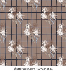 Autumn seamless pattern with hand drawn dandelions. White flower silhouettes on brown background with check. Great for wrapping paper, textile, fabric print and wallpaper. Vector illustration.