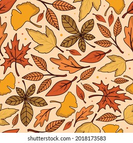 Autumn seamless pattern with hand drawn doodled leaves. Good for textile prints, wrapping paper, scrapbook, thanksgiving, harvest, fall foliage, etc. EPS 10