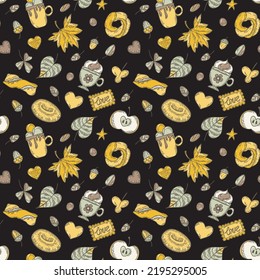 Autumn seamless pattern. Hand drawn set of sketches: cups of coffee, apple, leaves, donut, cookies, acorns, etc.