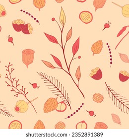 Autumn seamless pattern. Hand drawn foliage and berries. Vector illustration 