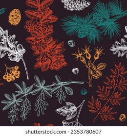 Autumn seamless pattern. Hand drawn vector illustrations. Fall leaves, tree branches and autumn plant sketches. Botanical repeating texture. Fall leaves background. Vintage nature design for print,