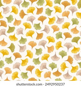 Autumn seamless pattern with hand drawn leaves ginkgo biloba. Natural design at soft and soothing colorful leaf, nature inspired. Botanical backdrop