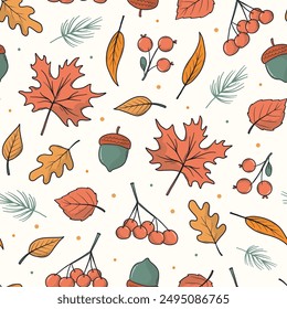 Herbstnahtloses Muster mit handgezeichneten fallenden Blättern, Beeren, Eicheln zum Bildschirmhintergrund, Scrapbooking, Schreibwaren, Packpapier, Hintergründe, Textildrucke, etc. EPS 10
