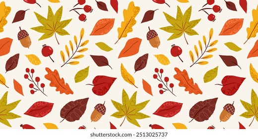 Patrón sin fisuras de otoño con hojas coloridas de otoño dibujadas a mano, bellotas y bayas. Fondo de otoño. Perfecto para el Fondo de pantalla, papel de regalo, textil, tarjetas de felicitación.