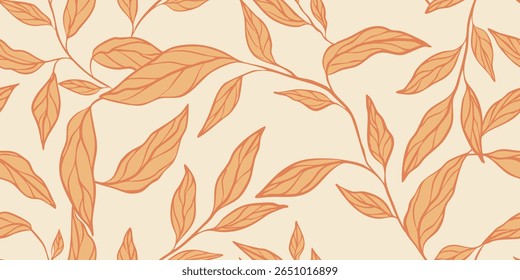 Autumn seamless pattern with hand drawn botanical branches in warm orange tones on beige background