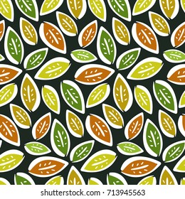 Autumn seamless pattern with hand drawn contrast leaves on dark background. Cute kids texture for textile, wrapping paper, surface, cover, web design