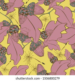 Autumn seamless pattern, hand-drawn. Acorns, oak fruits. Plant seeds. Vector image.