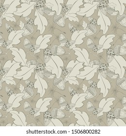 Autumn seamless pattern, hand-drawn. Acorns, oak fruits. Plant seeds. Vector image.