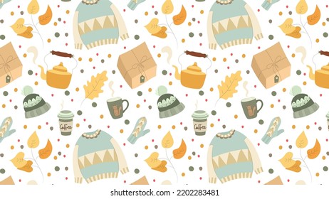 Autumn seamless pattern of hand-drawn elements. Wallpaper, background