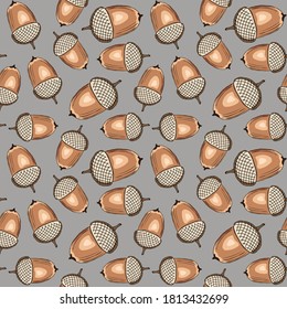 Autumn seamless pattern with hand-drawn forest acorns. It can be used as background, print, textile design, notebooks, phone cases, packaging paper, and more. Vector illustration in vintage style