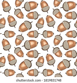 Autumn seamless pattern with hand-drawn forest acorns. It can be used as background, print, textile design, notebooks, phone cases, packaging paper, and more. Vector illustration in vintage style