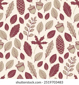Autumn seamless pattern with hand-drawn leaves, cones and acorns on a light beige background. Fall wallpaper with diverse hand-drawn botanical elements in an elegant color palette