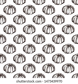 Autumn seamless pattern with handdrawn pumpkins on white background. Suitable for packaging, wrappers, fabric design.