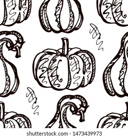 Autumn seamless pattern with handdrawn pumpkins on white background. Suitable for packaging, wrappers, fabric design.