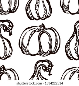 Autumn seamless pattern with handdrawn pumpkins on white background. Suitable for packaging, wrappers, fabric design.