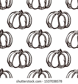 Autumn seamless pattern with handdrawn pumpkins on white background. Suitable for packaging, wrappers, fabric design.