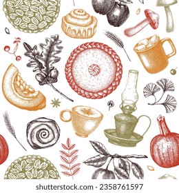 Autumn seamless pattern. Hand-drawn vector illustration. Pumpkin, hot drink, fruit, pie, pastry, fall leaves sketches. Thanksgiving background in color