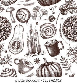 Autumn seamless pattern. Hand-drawn vector illustration. Pumpkin, hot drink, fruit, pie, pastry, fall leaves sketches. Vintage Thanksgiving background