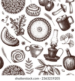 Autumn seamless pattern. Hand-drawn vector illustration. Pumpkin, hot drink, fruit, pie, pastry, fall leaves sketches. Harvest festival decor. Vintage Thanksgiving background