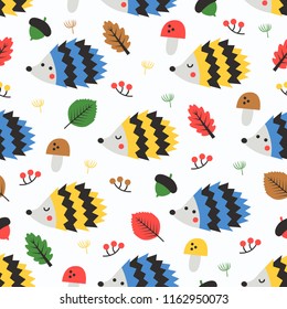 Autumn seamless pattern with hedgehog, leaves, mushrooms, berry and plants. Vector illustration.