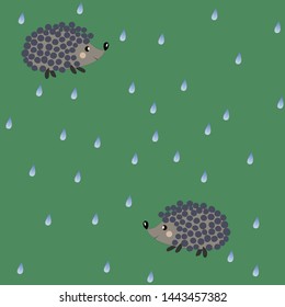Autumn seamless pattern with hedgehog and rain on green background. Vector illustration for fabric, textile, wallpaper, posters, gift wrapping paper, pajamas. Print for children. Doodle style.