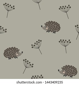 Autumn seamless pattern with hedgehog and sprigs on light grey background. Vector illustration for fabric, textile, wallpaper, posters, gift wrapping paper, pajamas. Print for children. Doodle style.