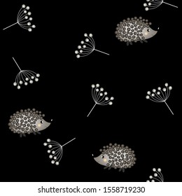 Autumn seamless pattern with hedgehog and sprigs on black background. Vector illustration for fabric, textile, wallpaper, posters, gift wrapping paper, pajamas. Print for children. Doodle style.