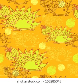 Autumn seamless pattern with hedgehogs and apples