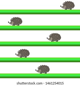 Autumn seamless pattern with hedgehogs and green sprigs on white background. Vector illustration for fabric, textile, wallpaper, posters, gift wrapping paper.  Print for children. Doodle style. 