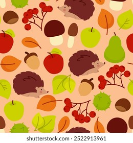 Autumn seamless pattern with hedgehogs and leaves