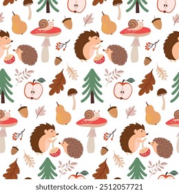 Autumn seamless pattern with hedgehogs and mushrooms, decorative wallpaper, seasonal background