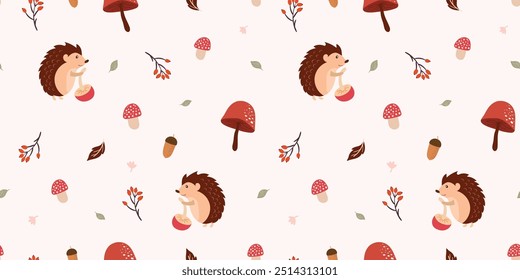 Autumn seamless pattern with hedgehogs and mushrooms, decorative wallpaper, seasonal background