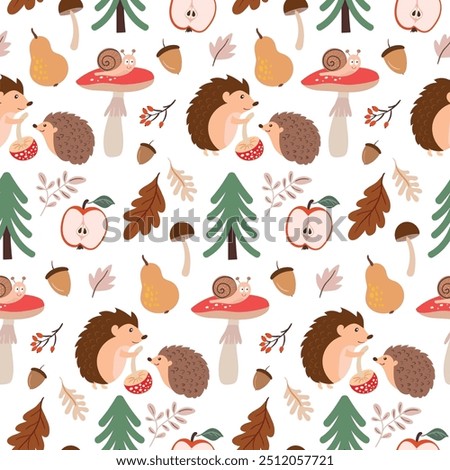 Autumn seamless pattern with hedgehogs and mushrooms, decorative wallpaper, seasonal background