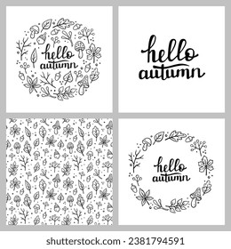 Autumn seamless pattern, HELLO AUTUMN handwritten lettering, round frame. Autumn decorative round design with Autumn elements. Vector illustration in Doodle style. Fall designs.