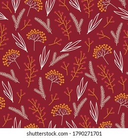 Autumn seamless pattern with herbs, leaves, berries, fir branches on red background. Perfect for gift paper, wallpaper, seasonal holidays, greeting cards. Vector illustration