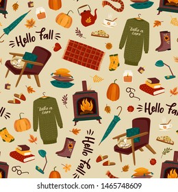 Autumn seamless pattern with homely cute things. Vector design for card, poster, flyer, web and other users.