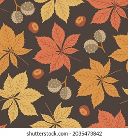 Autumn seamless pattern with horse chestnut leaves and seeds. Vector illustration on brown background. Fall ornament. Foliage print for fabric, package, wrapping, wall art. Red, yellow, orange colors.