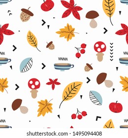 Autumn seamless pattern with hot coffee or tea, apple and forest elements in Scandinavian style on white background. Vector Illustration. Great for nursery, baby clothes, greeting cards, wrapper.