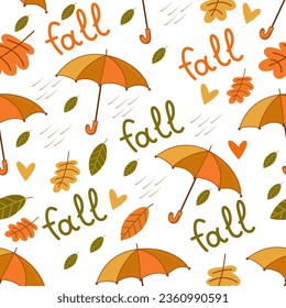 Autumn seamless pattern icons set fall elements and lettering umbrella vector illustration