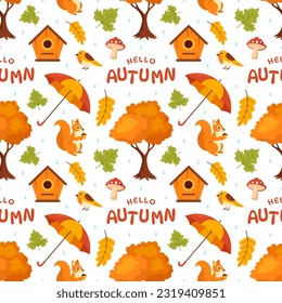 Herbstnahtlose Musterillustration Element Panorama von Ahornbaumen gefallen in Cartoon Vorlage handgezeichnet