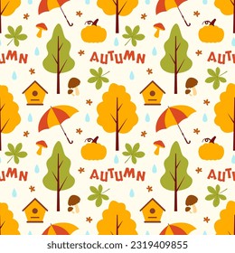 Autumn Seamless Pattern Illustration Element Panoramic of Maple Trees Fallen in Cartoon Template Hand Drawn