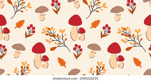 Autumn seamless pattern with the image of mushrooms, berries and autumn leaves. Flat vector illustration.