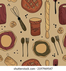 Autumn seamless pattern. Ingredients for pumpkin pie. Rolling pin, spoon, cup holder, sugar, plate, broom, spoon, fork, cookies, peas, slicing. Thanksgiving day, vector illustration of food.