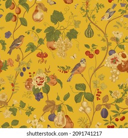 Autumn seamless pattern  Сhinoiserie inspired  Fruit   flowers  Vector vintage illustration  Sunny 