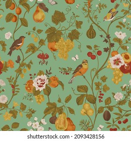 Autumn seamless pattern. Сhinoiserie inspired. Fruit and flowers. Vector vintage illustration. Colorful